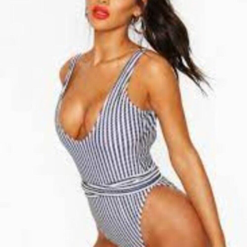 Boohoo Navy and White Striped One-Piece Swimsuit